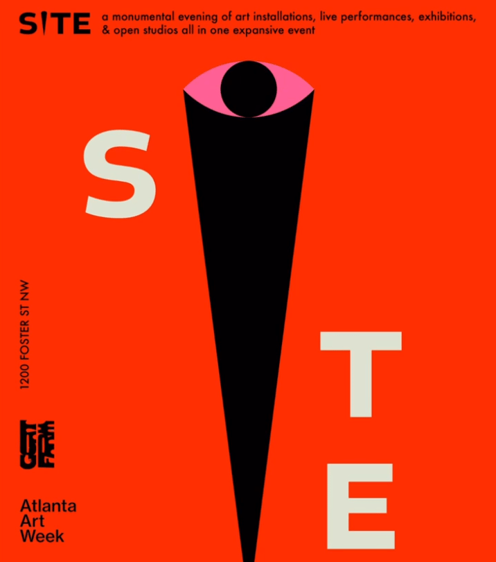 Orange poster for SITE that has a long black triangle with an eye at the end, with the letters S T and E around it.