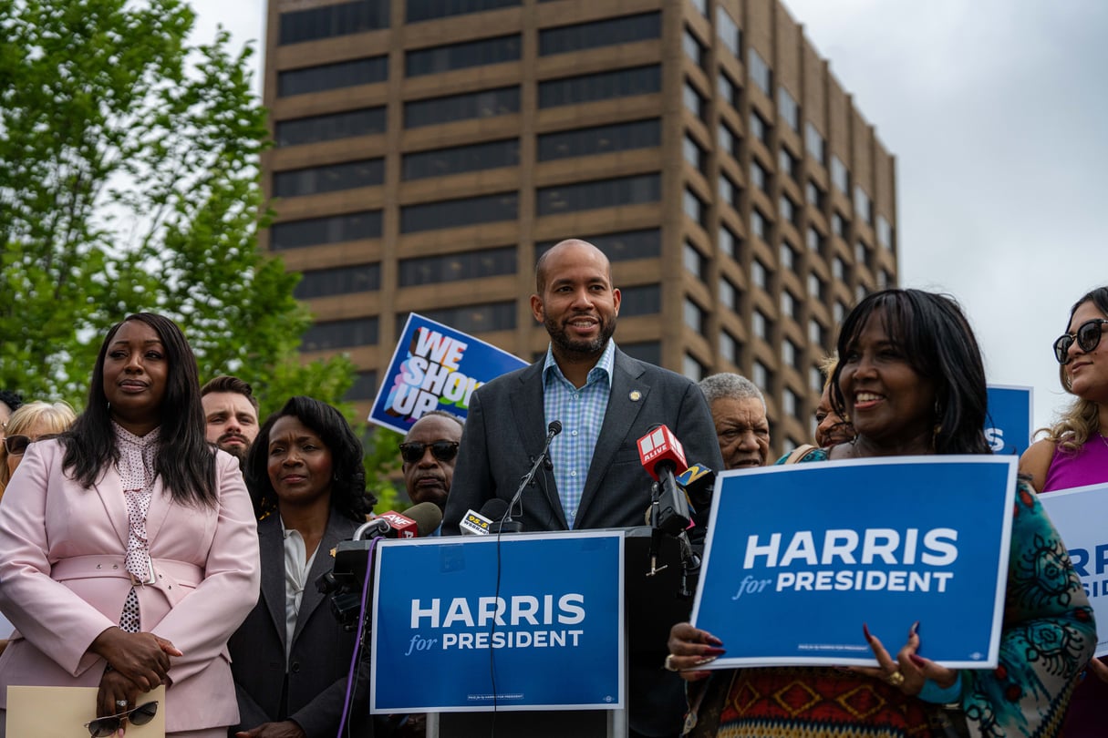 Jason Esteves, who is Afro Latino, at a rally for Kamala Harris