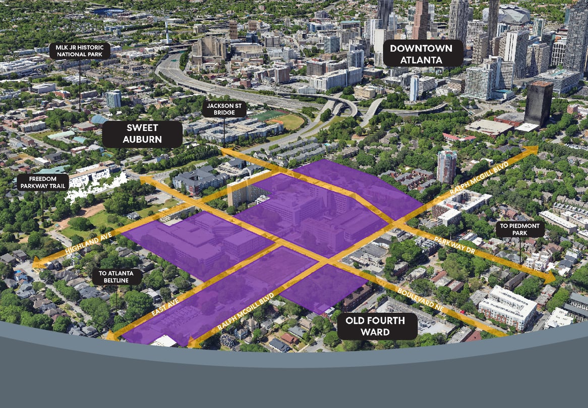 A birds eye view of the rendering of the redevelopment plan for the former Atlanta Medical Center. The area is highlighted in purple.