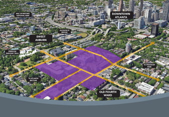 A birds eye view of the rendering of the redevelopment plan for the former Atlanta Medical Center. The area is highlighted in purple.