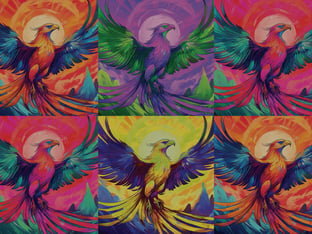 A design showing a bird in different color schemes across six recreations.
