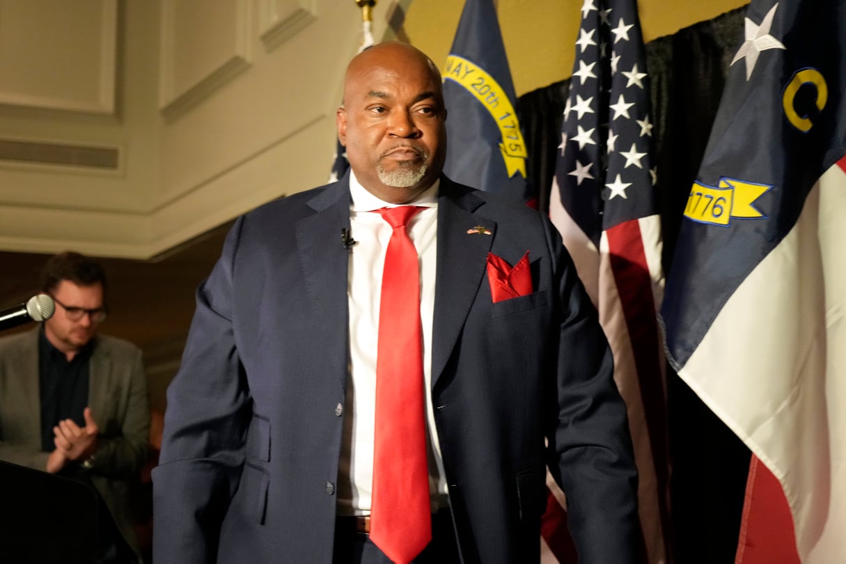 Republican North Carolina gubernatorial candidate Lt. Gov. Mark Robinson walks off the stage after speaking at an election night watch party.