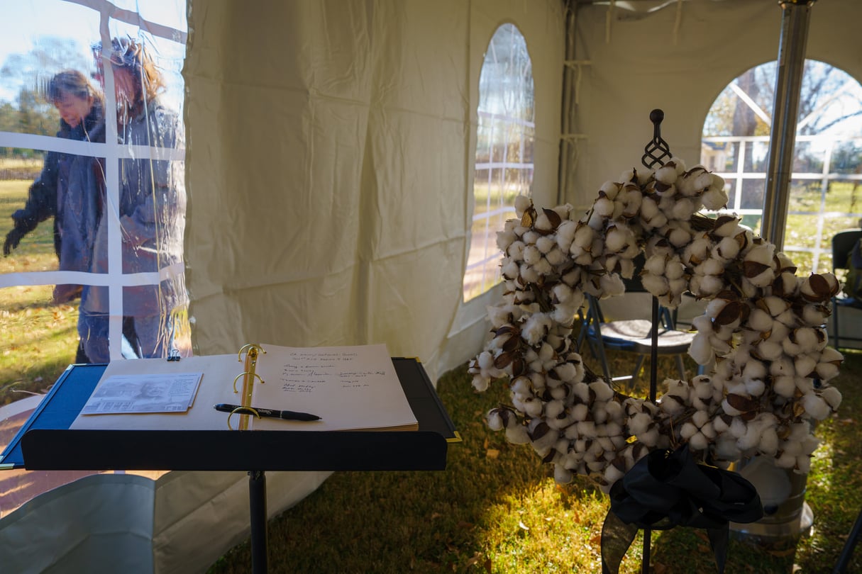 A condolence book and cotton wreath sits in a tent on former President Jimmy Carter's boyhood farm in Archery, Ga on Wednesday, January 9, 2025.