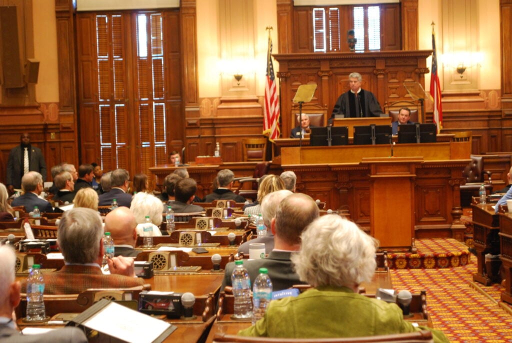 Georgia Supreme Court Chief Justice Michael P. Boggs speaks in front of lawmakers.