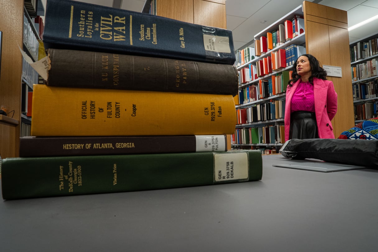 A stack of books in a library.