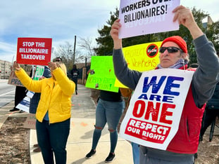 Dozens of people rallied outside CDC headquarters to protest the Trump administration's ongoing firings of federal employees.