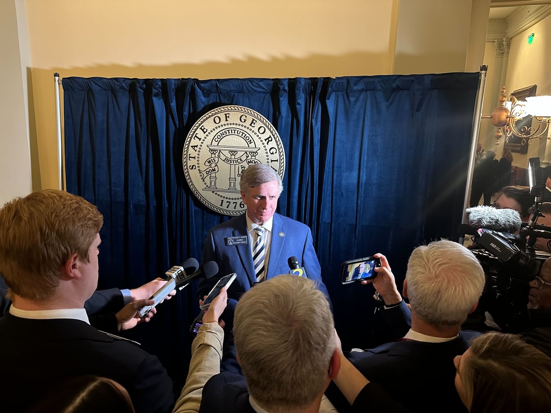 Republican State Sen. Marty Harbin speaks to reporters following the adjournment of the Senate.