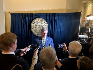 Republican State Sen. Marty Harbin speaks to reporters following the adjournment of the Senate.