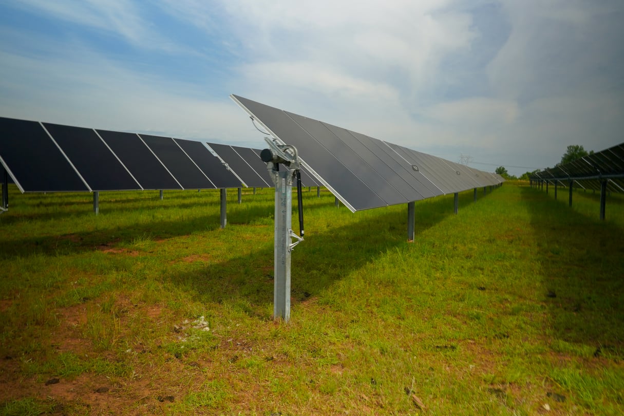Solar panels line a farm in Lee County, Georgia that power a data center for Meta in Atlanta.