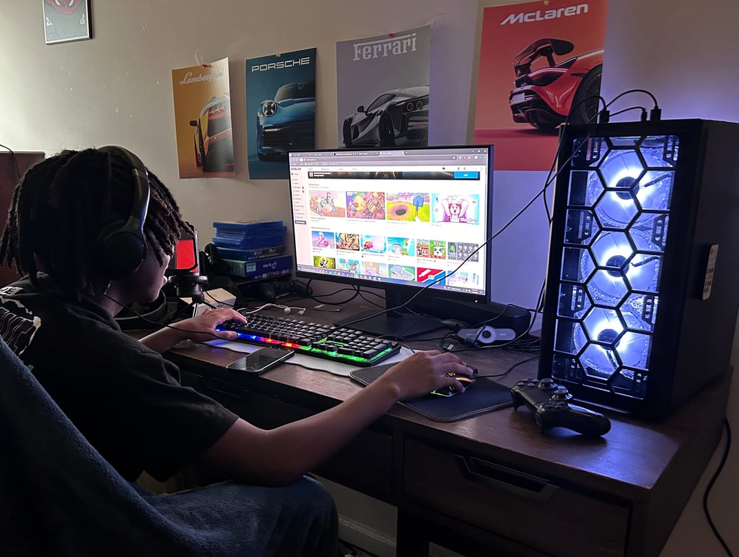 A young man sits in front of a computer.
