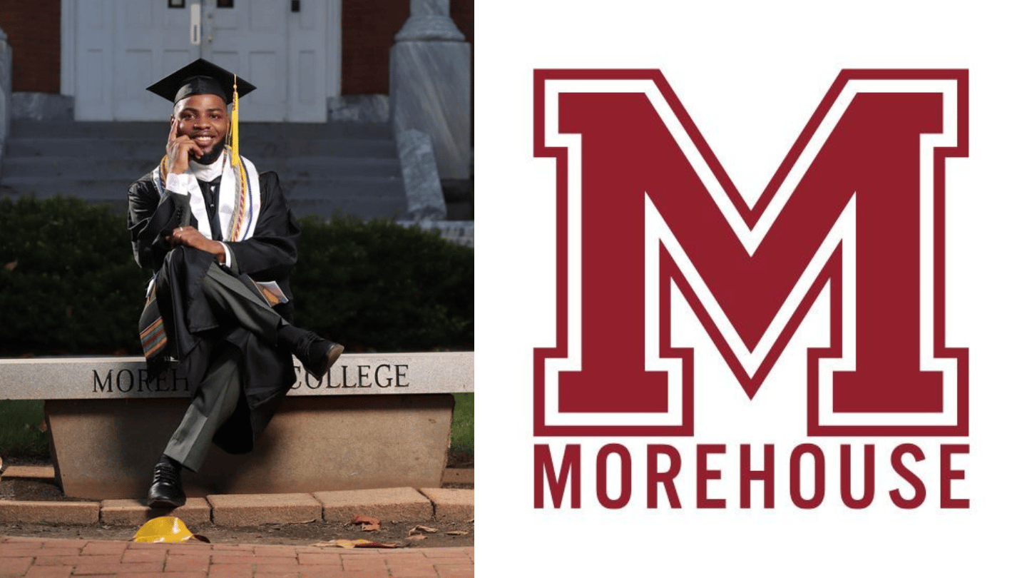 A picture of a student in graduation robes and cap on the left, with the Morehouse College logo on the right.