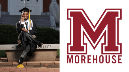 A picture of a student in graduation robes and cap on the left, with the Morehouse College logo on the right.