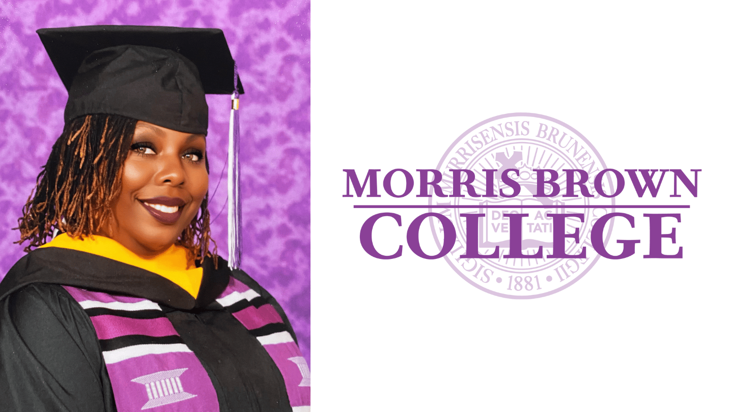 A portrait shot of a graduate with a purple background next to the logo of Morris Brown College.