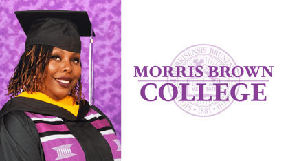 A portrait shot of a graduate with a purple background next to the logo of Morris Brown College.