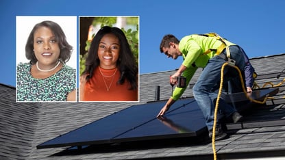 Portraits of two women next to a photo of a man wearing a neon green shirt and installing a solar panel on top of a roof.