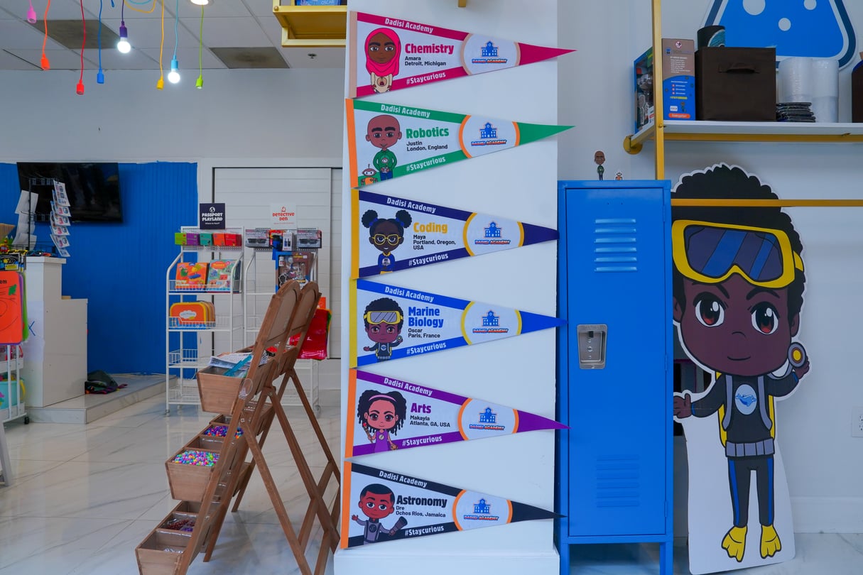 A stack of flags showing off the different characters.