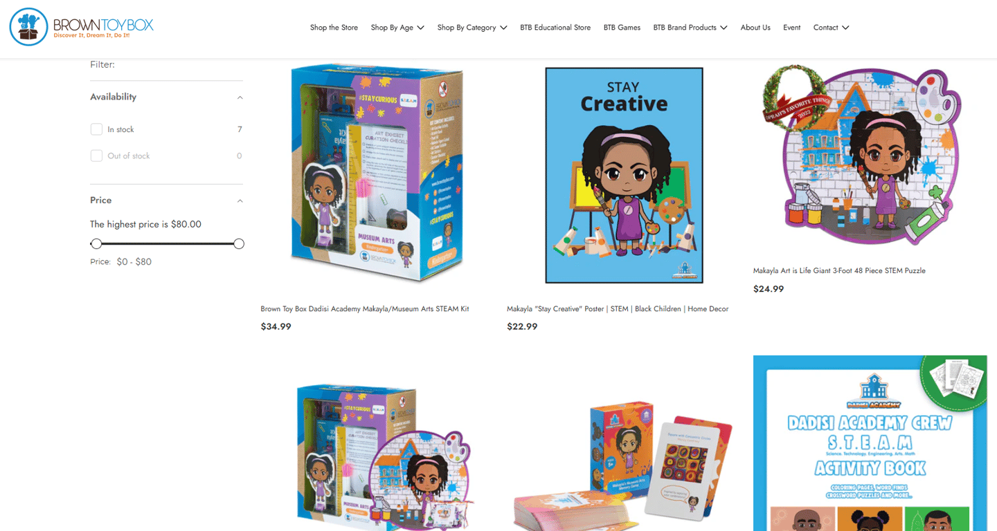 A web screenshot of the Brown Toy Box website.