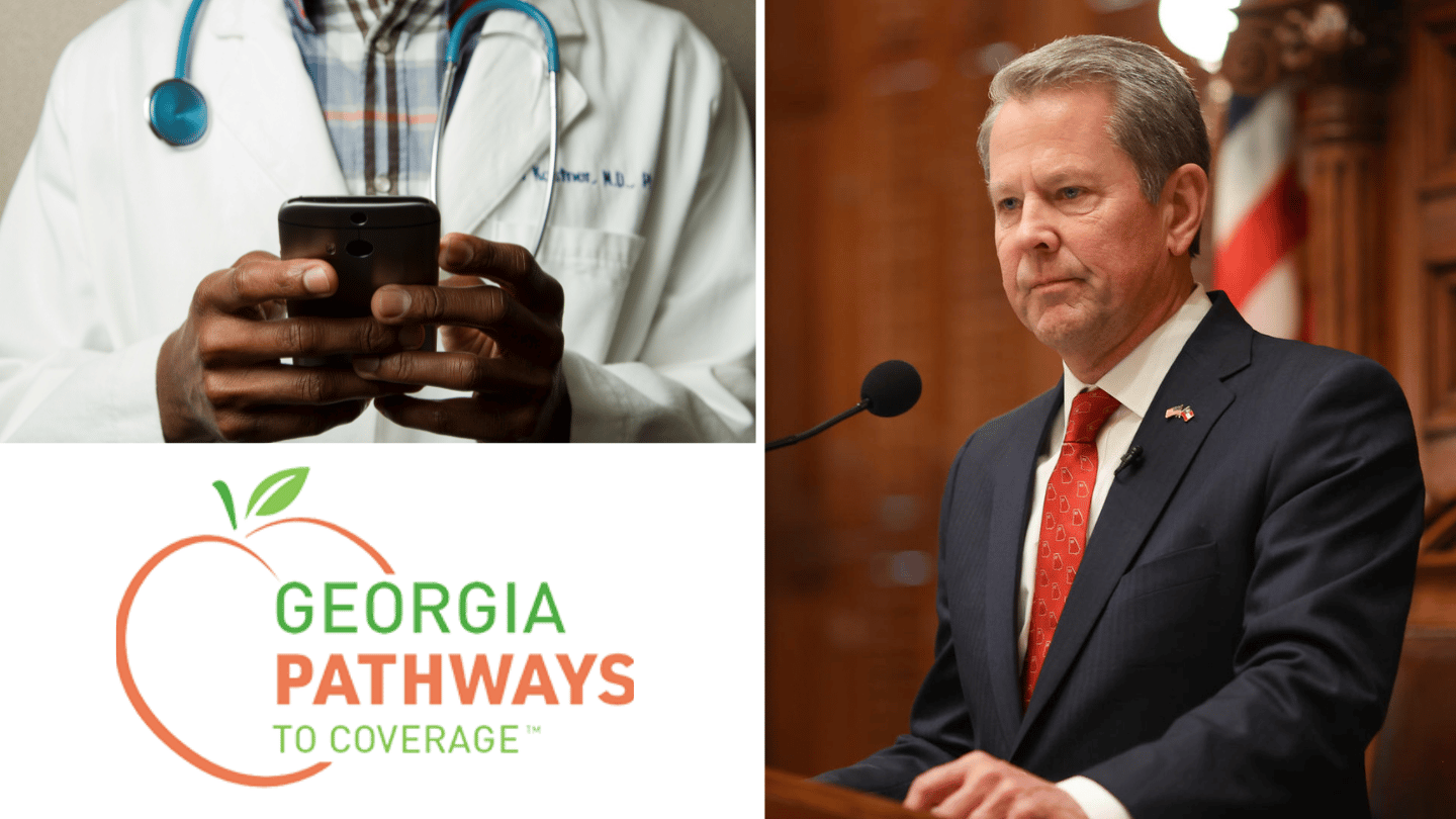 On the left, a doctor holding a phone. On the right, Georgia Governor Brian Kemp at a podium
