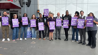 Flight attendants for Delta Air Lines picketed outside Atlanta’s Hartsfield-Jackson International Airport in support of unionizing. (Marlon Hyde/WABE News)
