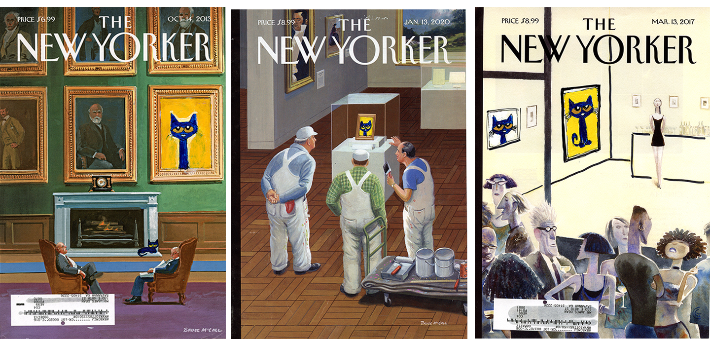 Three magazine covers depicting Pete the Cat on different New Yorker covers