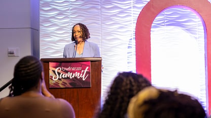 S. Epatha Merkerson speaks at a podium at the 2026 Black Women Film Network Summit in Atlanta.