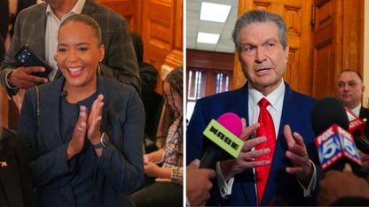 in a two-picture collage, former atlanta mayor keisha lance bottoms is on the left clapping and smiling, and businessman rick jackson is on the right answer questions from reporters