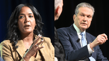 Two photos side by side, one of a woman in a suit and one of a man in a suit