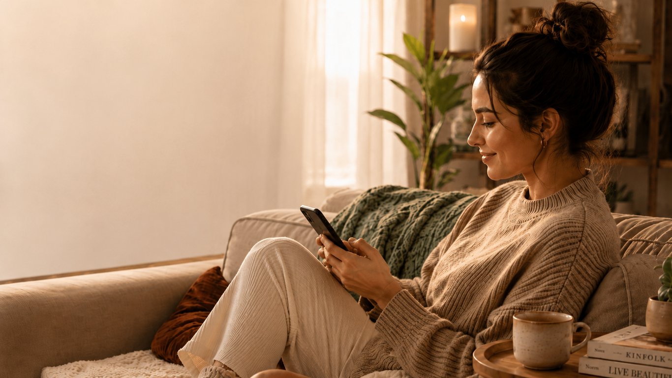 Woman on couch downloading the SeeMyHealth app