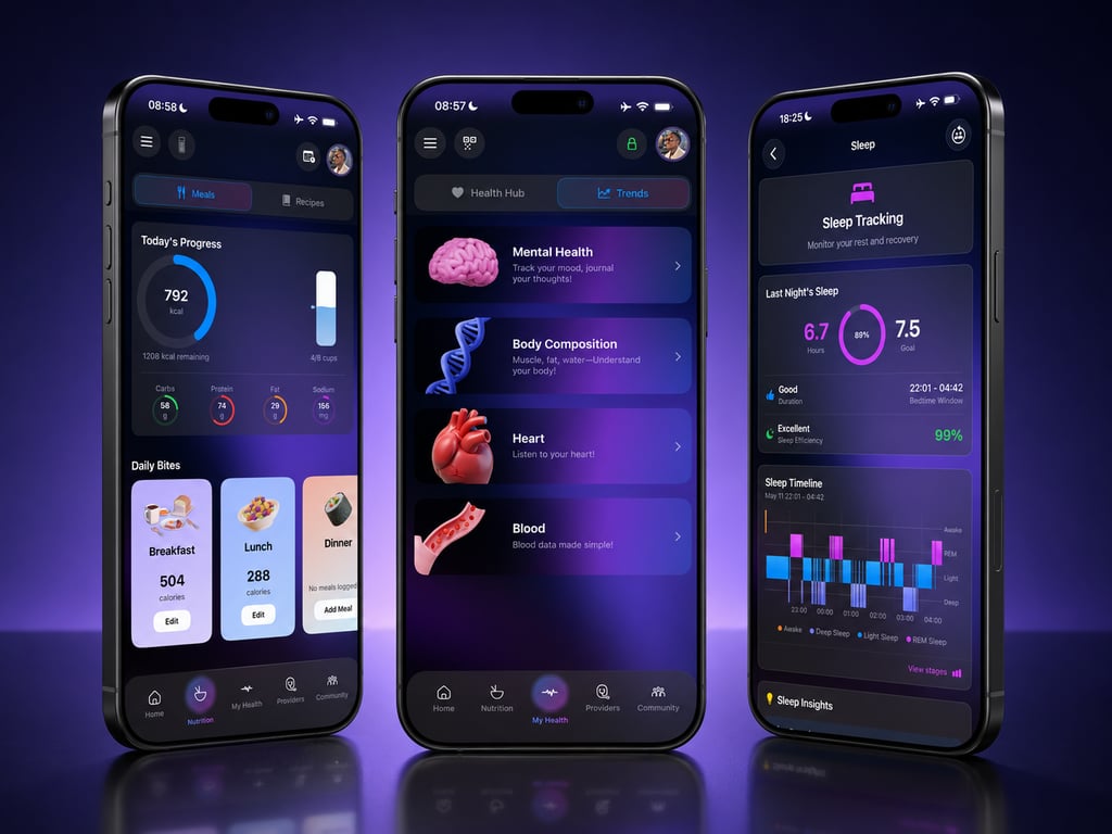 SeeMyHealth app, meals, health hub, and sleep tracking screens