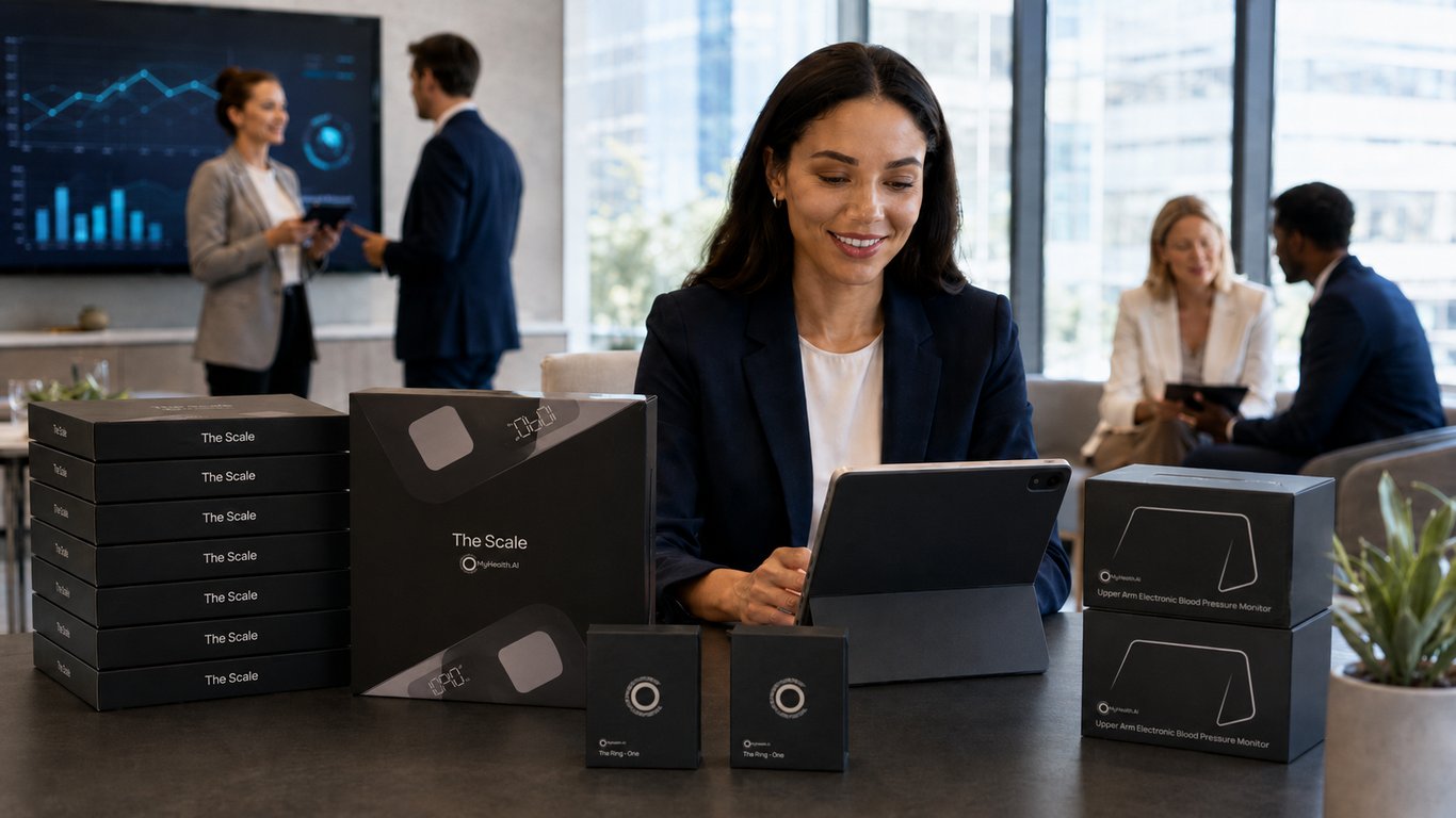 Insurance partner reviewing SeeMyHealth device kits with analytics dashboard
