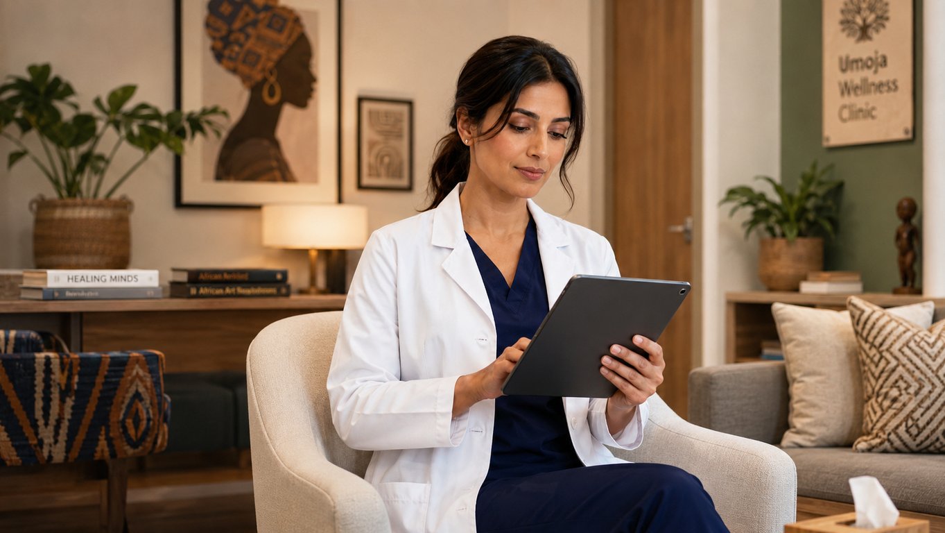 Wellness practitioner reviewing client data