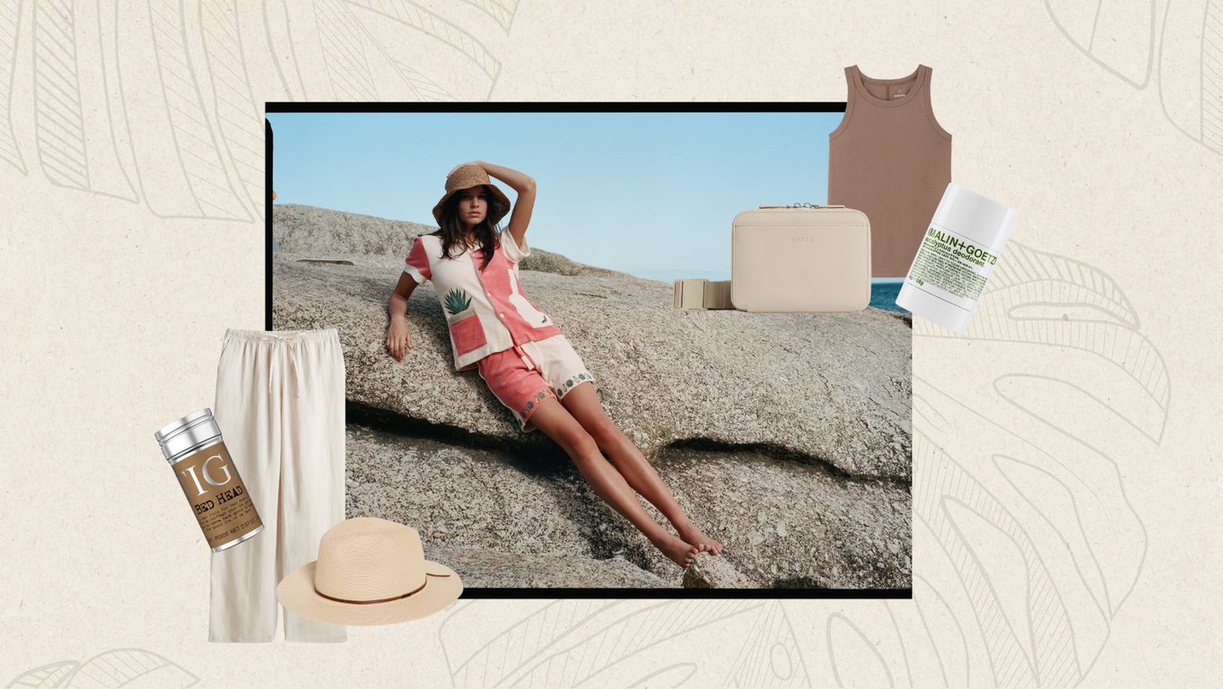 The Hotels Above Par Humid Weather Packing Checklist | Everlane-shirt | Olive green HM-Pants | Tombolo-terrycloth-shirt | Malin-Goetz | Brixton-Packable-Hat-Amazon | Bed-Head | Alo-button-down | Monos bag | Free-People-Dress