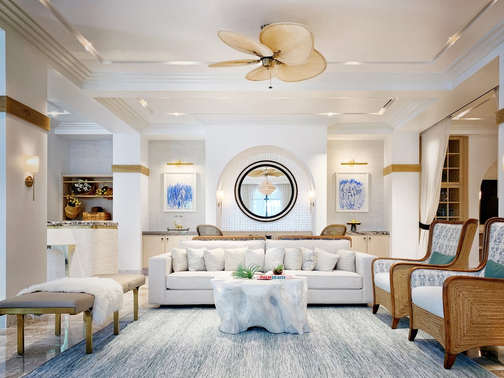 Find Elegance in Every Detail at This Luxurious Palm Beach Hideaway | White Elephant Palm Beach entrance | White Elephant Palm Beach seating | White Elephant Palm Beach living room | White Elephant Palm Beach bedroom | Lola 41 Palm Beach