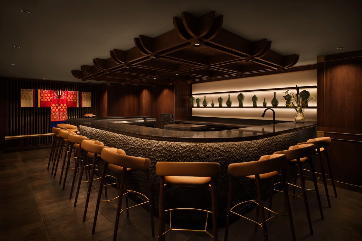 This New Chef's Counter in Manhattan's Koreatown Offers a Regal Take on Fine Dining | WANGBI bar seating | WANGBI entrance | WANGBI dinner spread | DRINK-SPREAD | KOREAN-LIQUOR