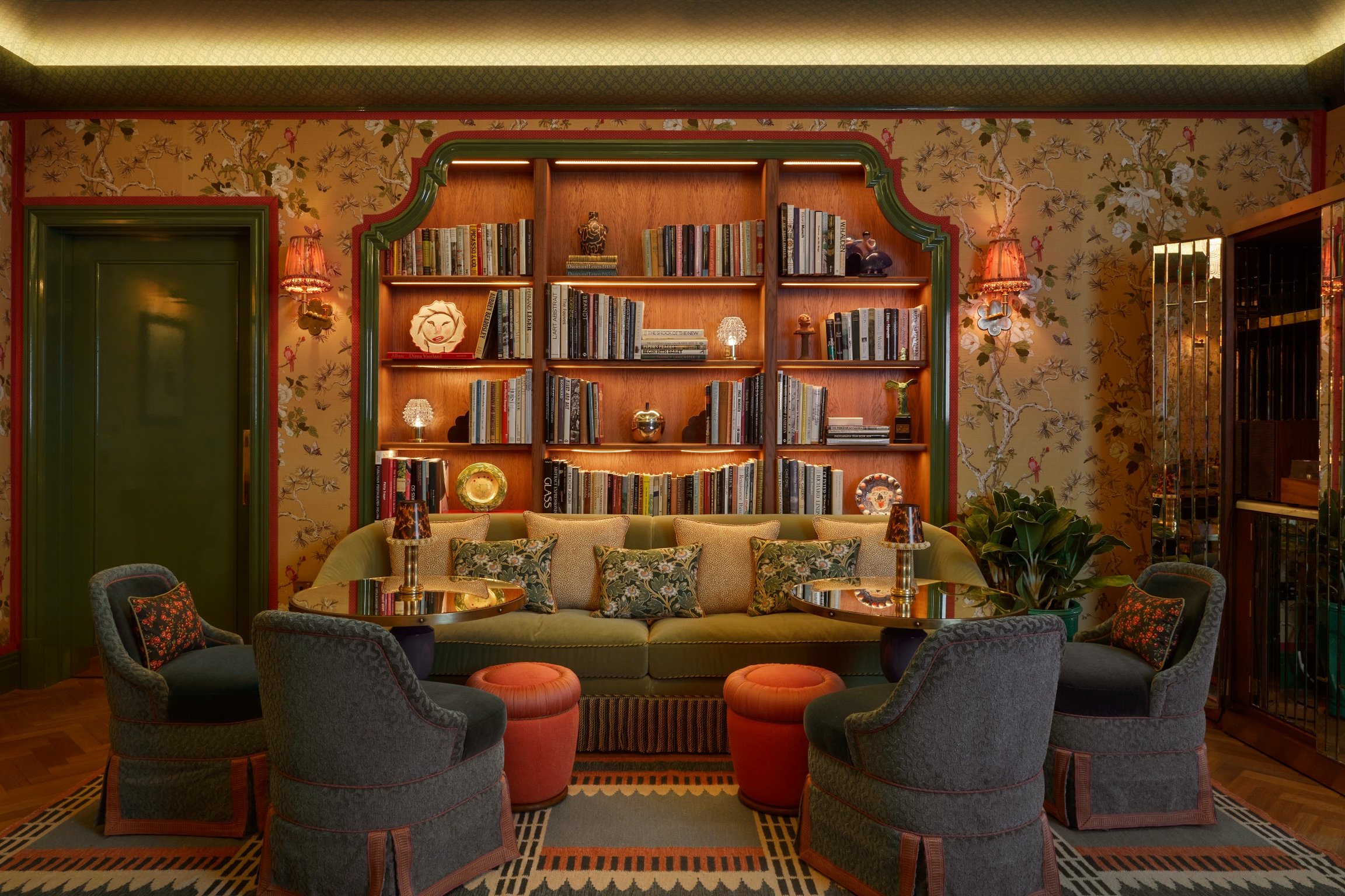 This New Maximalist Boutique Hotel in London’s Soho Is a Design-Lover's Dream | Broadwick Soho London entrance | Broadwick Soho London intimate seating | Broadwick Soho London desk and chair | Broadwick Soho London bedroom suite | Broadwick Soho London bar seating | Broadwick Soho London restaurant seating