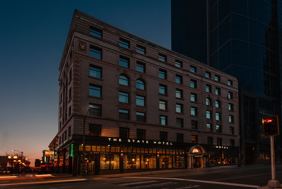 Exterior view of the State Hotel in Seattle, Washington