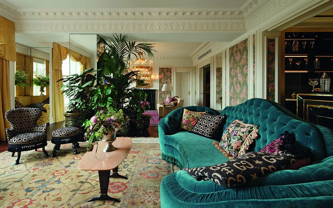 The Savoy Hotel’s New Gucci Suite Is Over-the-Top Opulence | The Royal Suite by Gucci x Savoy chair | The Royal Suite by Gucci x Savoy bedroom | The Royal Suite by Gucci x Savoy fireplace