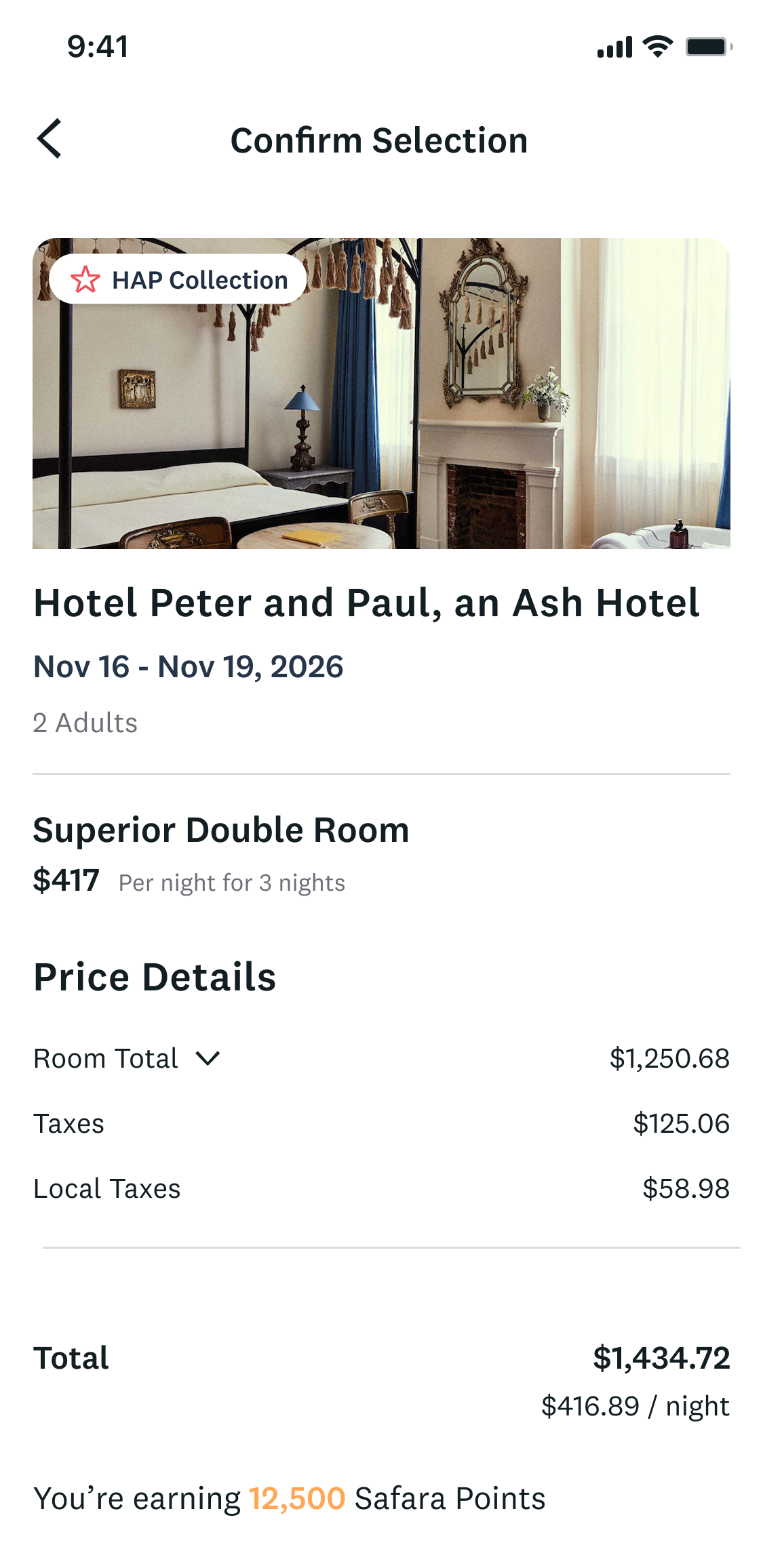Hotel booking card