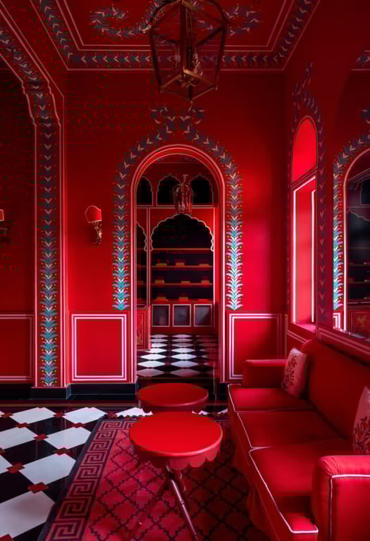 This Indian Boutique Hotel Is a Maximalist Masterpiece | Villa Palladio exterior | Villa Palladio entry arch | Villa Palladio checkered flooring | Villa Palladio outdoor pool | Villa Palladio bedroom suite | Villa Palladio patio with two chairs
