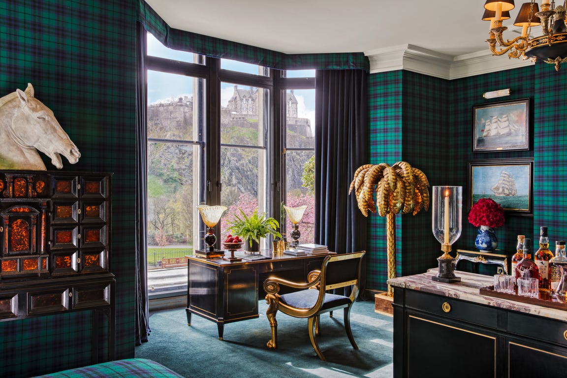 This Edinburgh Boutique Hotel Perfectly Captures Scotland’s Gothic Chic Aesthetic | 100 Princes Street exterior | 100 Princes Street lobby staircase | 100 Princes Street The-Archibald-Suite | 100 Princes Street Executive-King-Old-Town-View-Room | 100 Princes Street The-Isobel-Suite | 100 Princes Street Ghillies Pantry | 100 Princes Street Executive-King-Old-Town-View