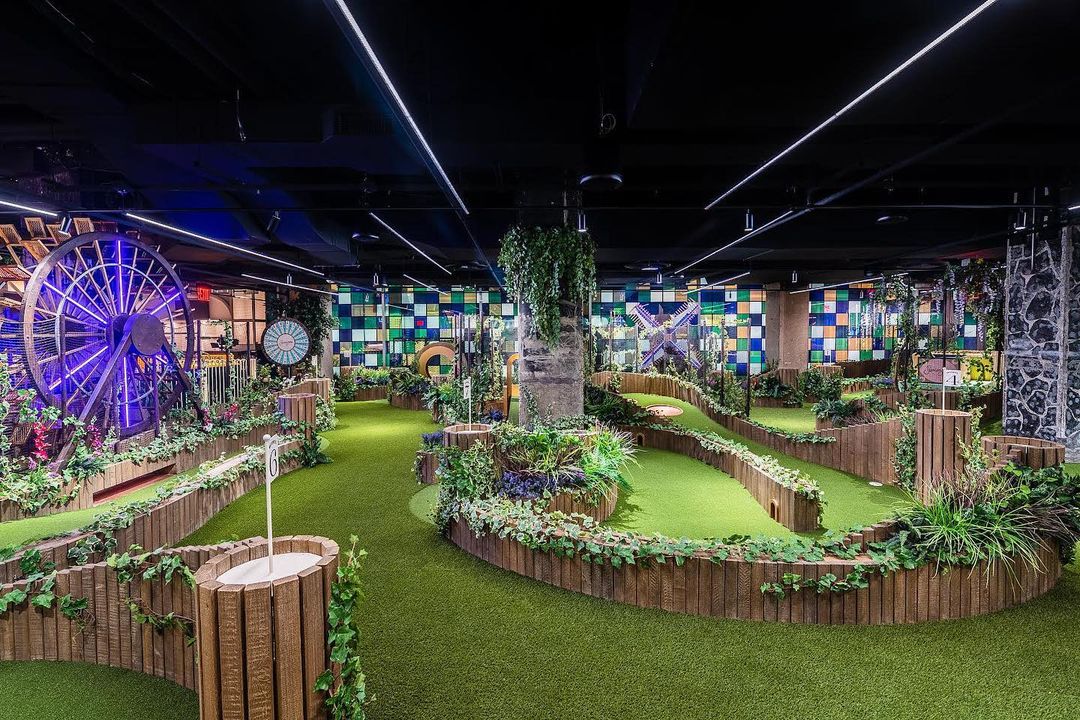 Play Premium Crazy Golf at Brand-New Maximalist Watering Hole, Swingers New York City | Swingers US Outpost seating | Swingers US Outpost bar | Swingers US Outpost drinks | Swingers US Outpost windmill