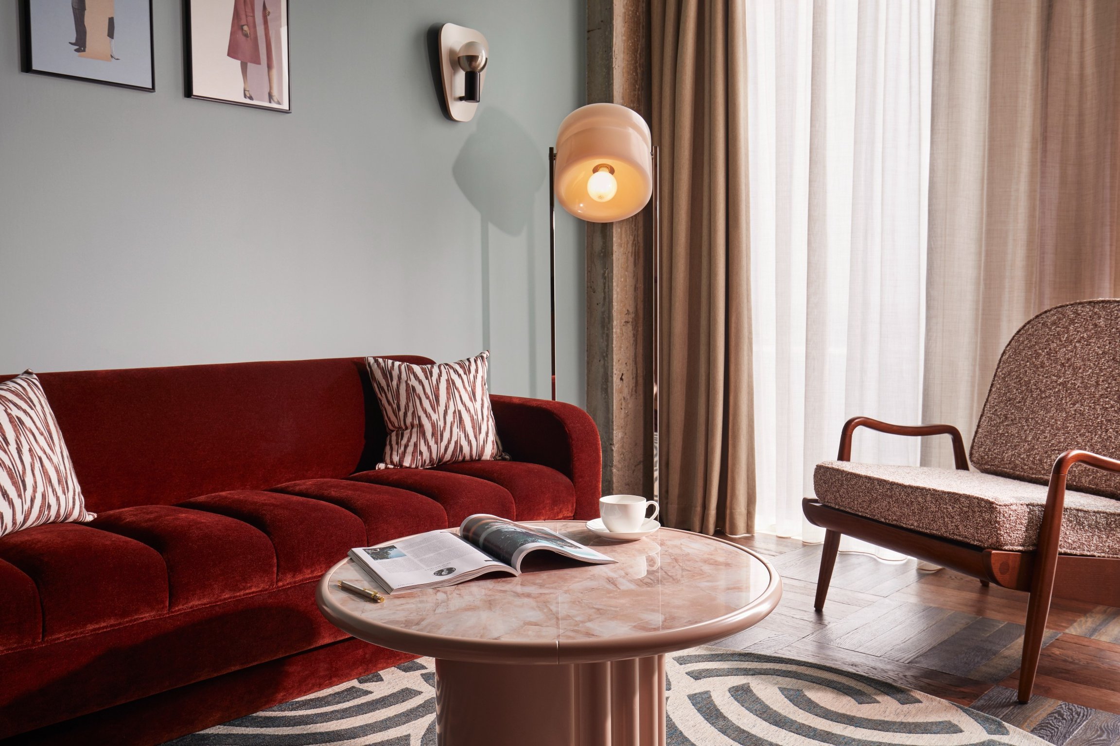 This Brussels Hotel’s Interior Champions a 1970s Revival Aesthetic | The Hoxton, Brussels lobby seating | The Hoxton, Brussels suite living room | The Hoxton, Brussels suite bath | The Hoxton, Brussels bar seating
