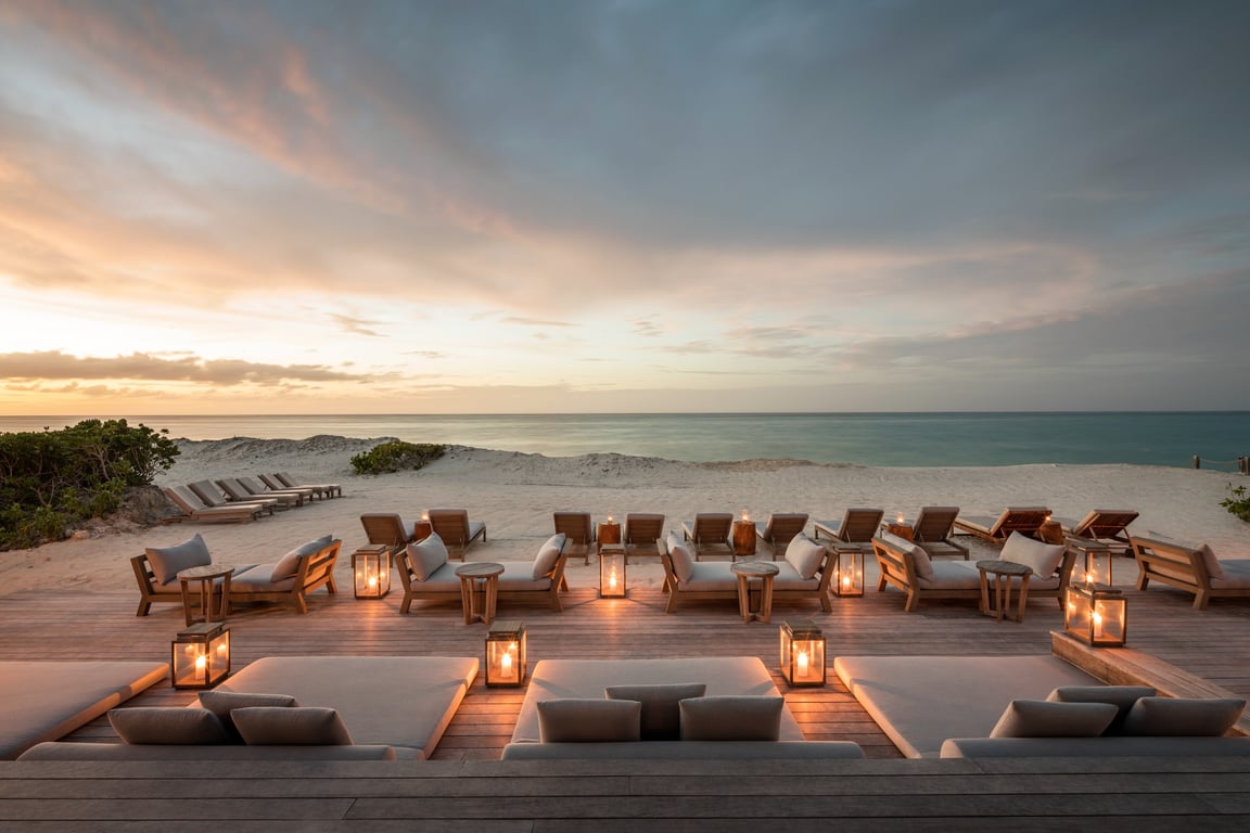 This Private Island Resort in Turks and Caicos Is Loved by A-List Celebrities | COMO Parrot Cay aerial view | COMO Parrot Cay outdoor shower | COMO Parrot Cay beach patio at night | COMO Parrot Cay outdoor pool seating