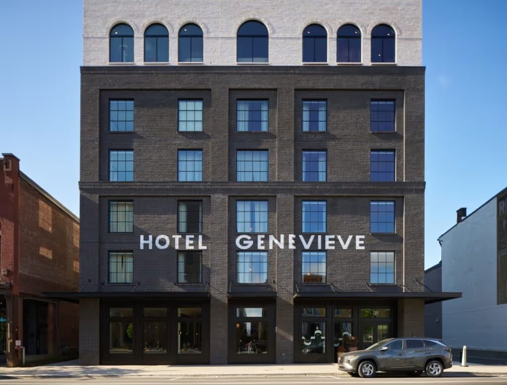 Hotel Genevieve exterior | Hotel Genevieve lobby | Hotel Genevieve suite | Hotel Genevieve seating | Hotel Genevieve restaurant booth seating | Hotel Genevieve bedroom | Hotel Genevieve restaurant | Hotel Genevieve mini mart | Hotel Review: Hotel Genevieve (Louisville)