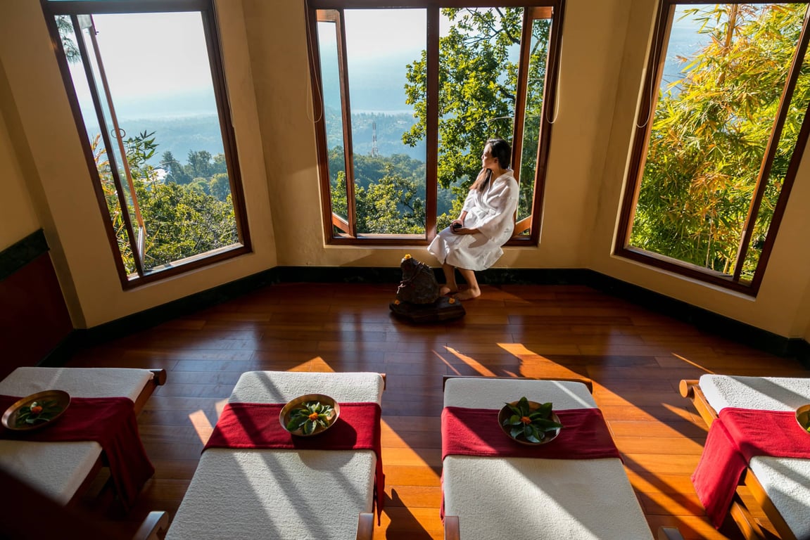This Award-Winning Spa Retreat in India Offers a Holistic Wellness Experience | Pool at Ananda in the Himalayas | Massage experience at Ananda in the Himalayas | Lobby of the Ananda in the Himalayas | Room at Ananda in the Himalayas | Exterior view of Ananda in the Himalayas | Spa experience at Ananda in the Himalayas