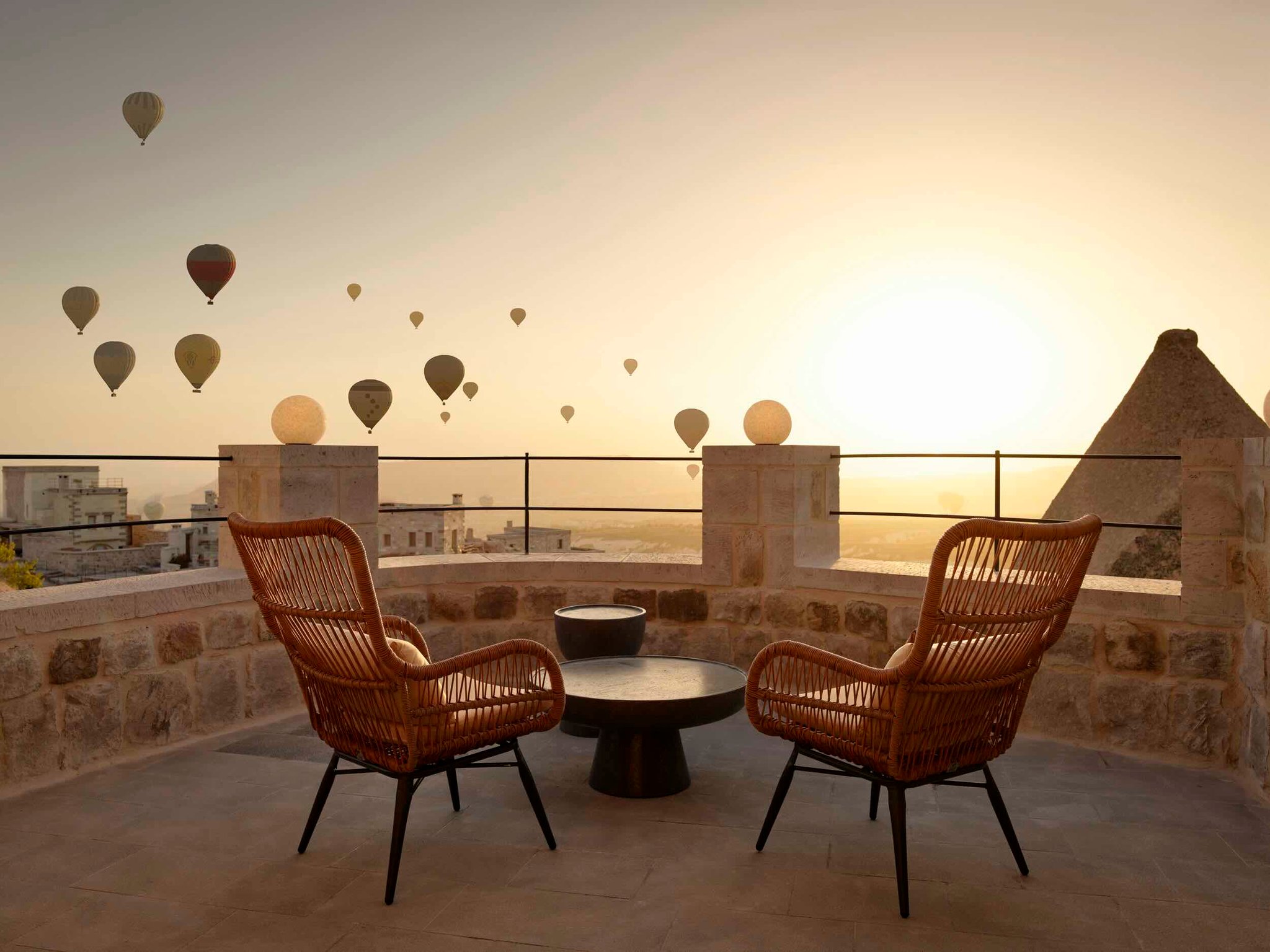 Argos in Cappadocia terrace with views of fairy chimneys and hot air balloons