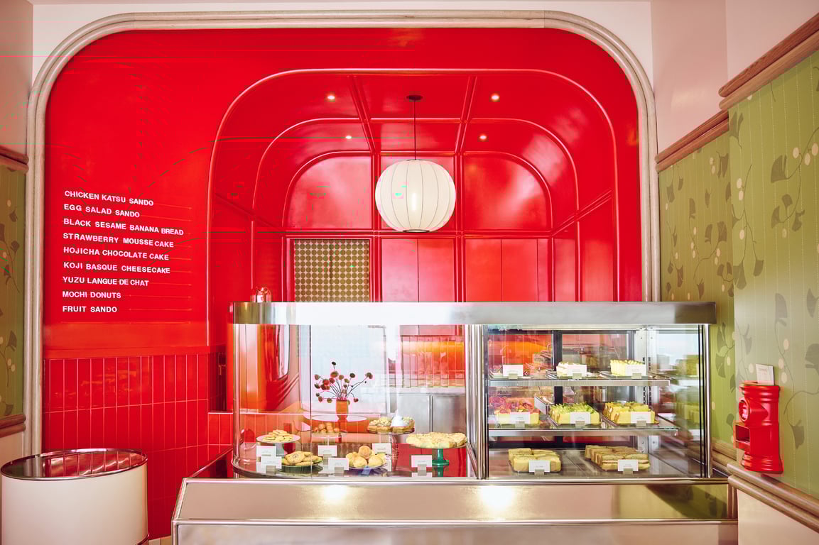 Indulge in Gluten-Free Japanese Treats and Boba at This Bakery in the West Village | Postcard Bakery order bar | Postcard Bakery bubble tea and sandos | Postcard Bakery gluten free sandwich | Postcard Bakery gluten free and vegan desserts | Postcard Bakery entrance