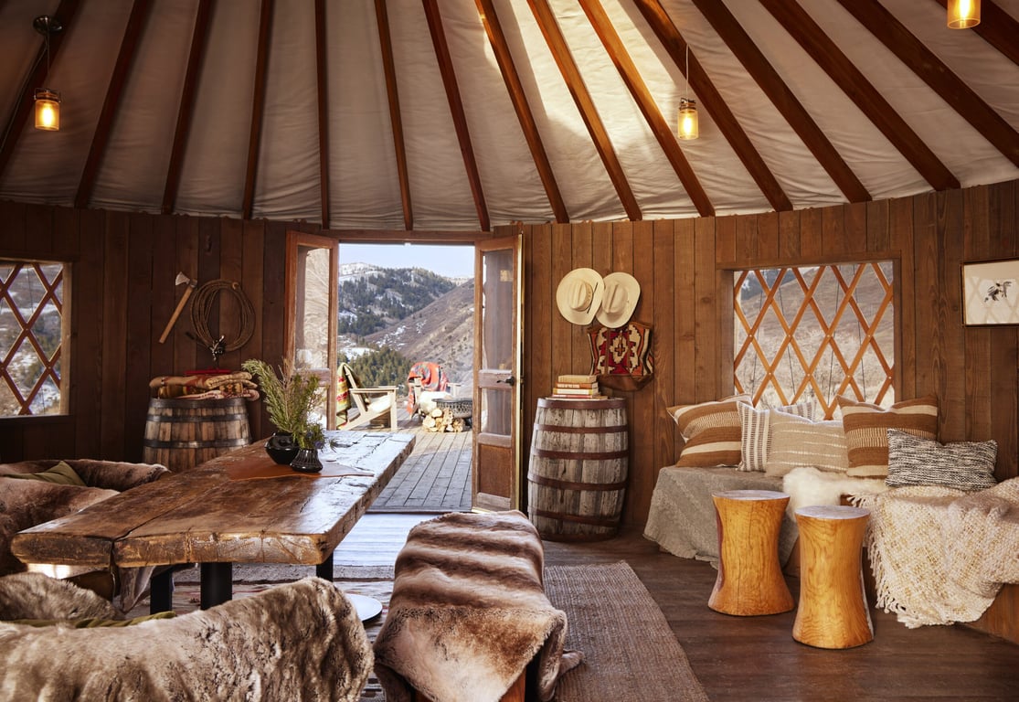 A Luxurious Sanctum in Utah’s Wasatch Mountains | The Lodge at Blue Sky lake view | The Lodge at Blue Sky cabin | The Lodge at Blue Sky cabin interior | Saving Gracie Equine Healing Foundation at Gracie’s Farm | The Lodge at Blue Sky cabin balcony | The Lodge at Blue Sky bar | The Lodge at Blue Sky bedroom checkers