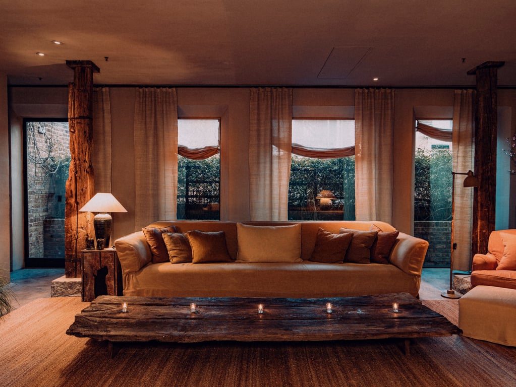 This Luxe Hotel in New York City’s Tribeca Neighborhood Is an Urbane Sanctuary | The Greenwich Hotel exterior | The Greenwich Hotel the drawing room | The Greenwich Hotel courtyard | The Greenwich Hotel guestroom | The Greenwich Hotel indoor pool