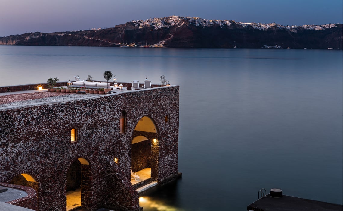 This Boutique Hotel Is a Dreamy Hideaway on Santorini’s Thirassia Island | Perivolas Hideaway swimming area | Perivolas Hideaway architecture | Perivolas Hideaway balcony